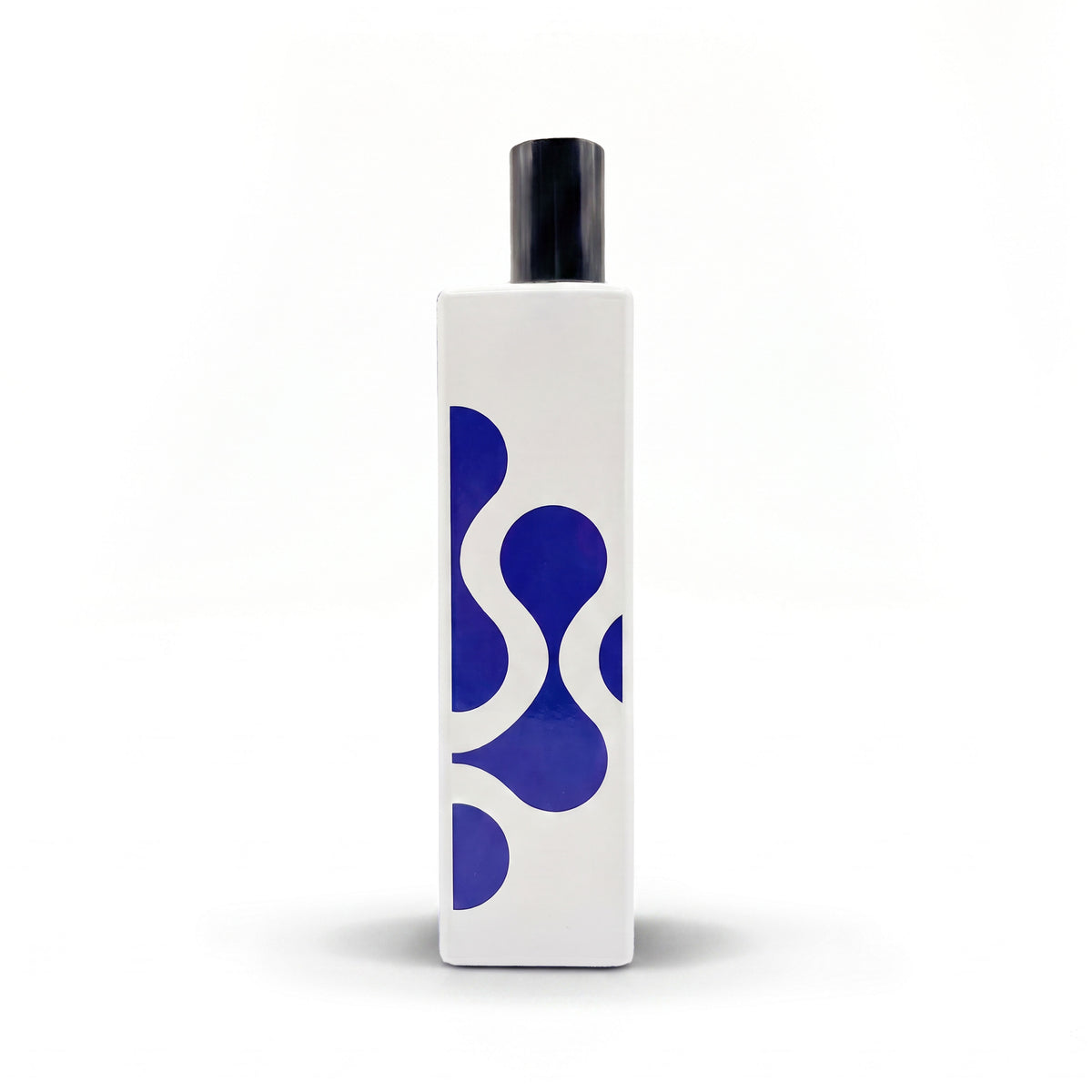 A This is not a bleu bottle 1/.5 cobalt blue bottle with a black cap, on a white background.