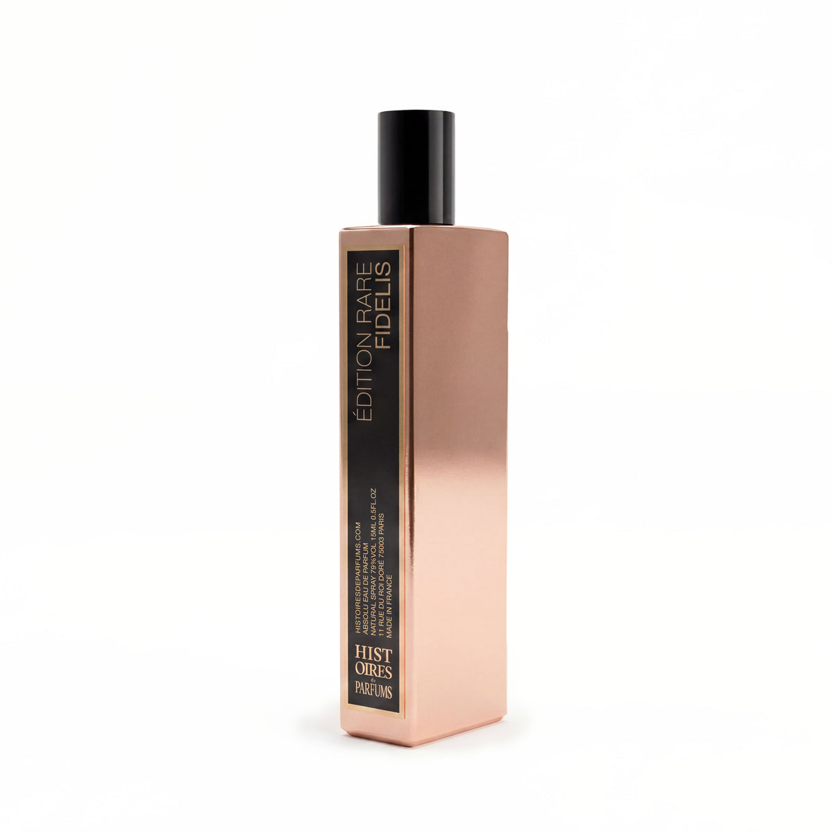 A metallic rose gold bottle of Fidélis on a plain white background.