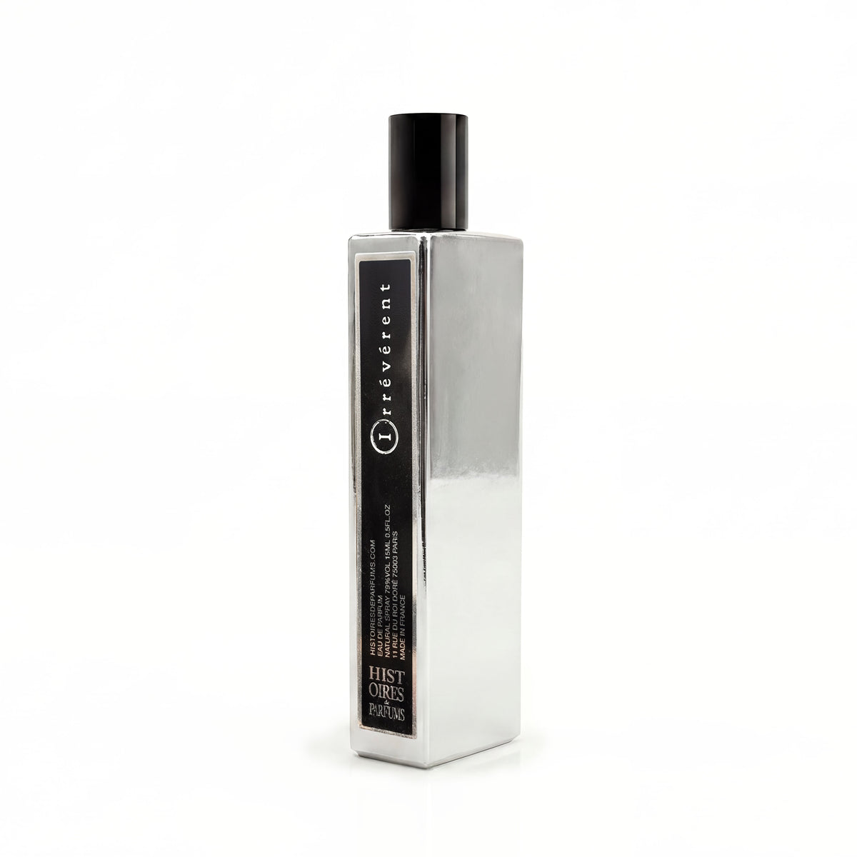 A silver bottle of Irrévérent on a plain white background.