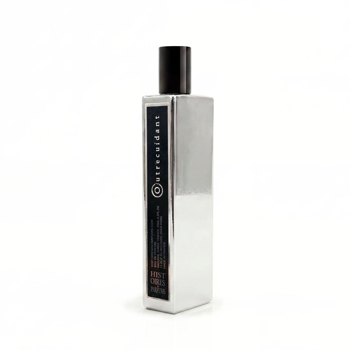 A silver bottle of Outrecuidant on a plain white background.