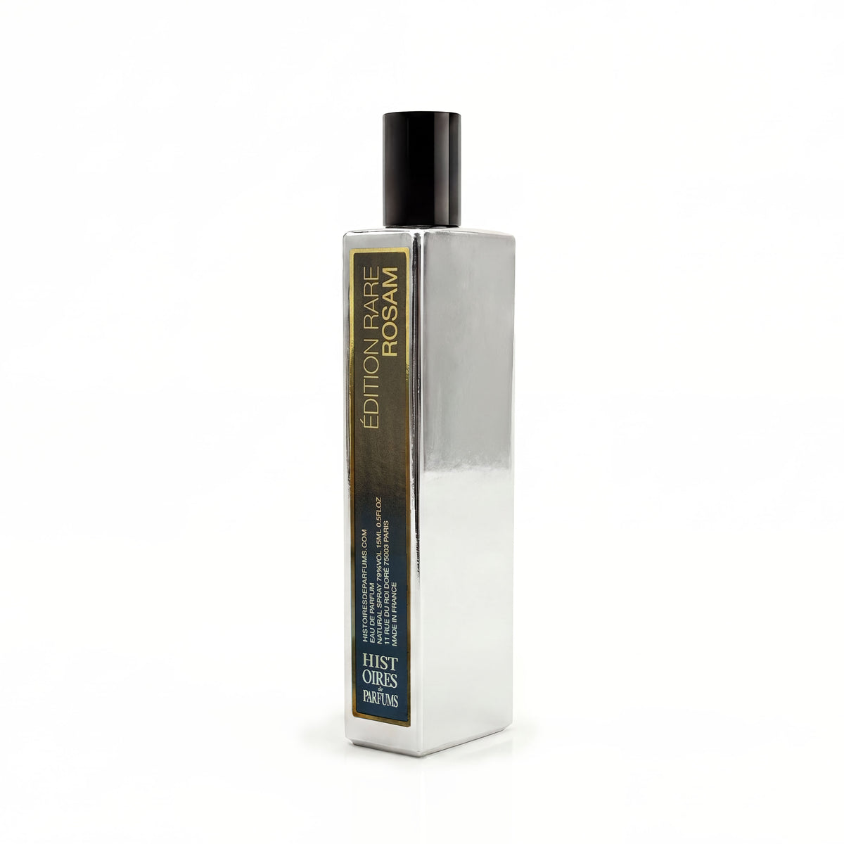 A metallic white gold bottle of Rosam on a plain white background.
